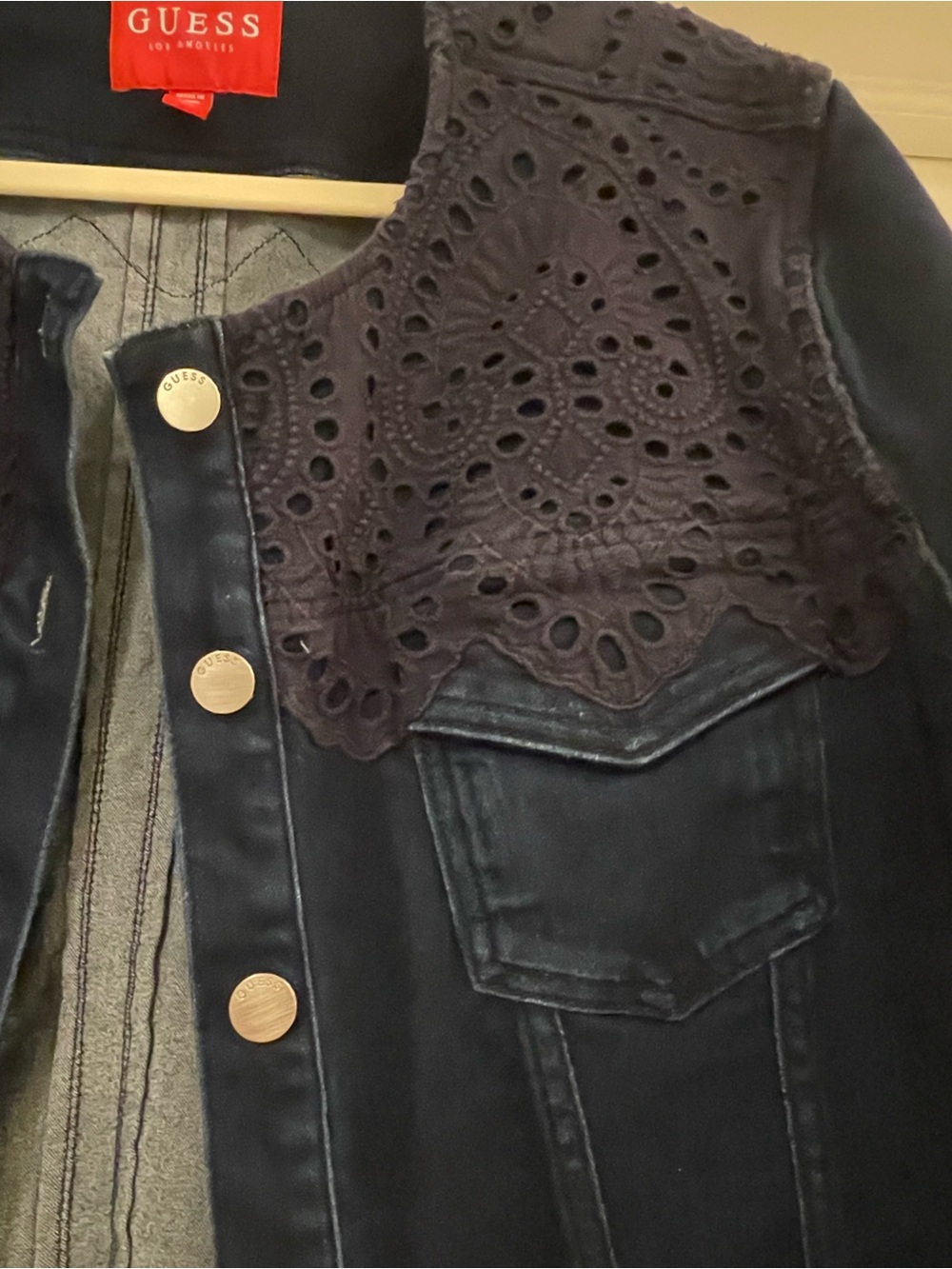 GUESS Navy Blue Denim Jacket with Perforated Yoke - Picture 3 of 6